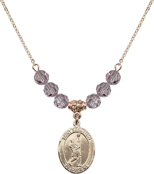 14kt Gold Filled Saint Sebastian/Lacrosse Birthstone Necklace with Light Amethyst Beads - 8174