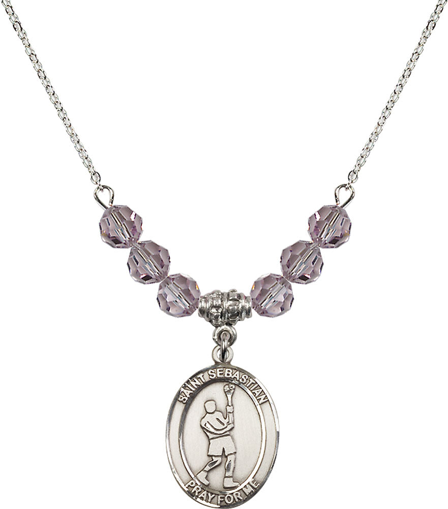 Sterling Silver Saint Sebastian/Lacrosse Birthstone Necklace with Light Amethyst Beads - 8174