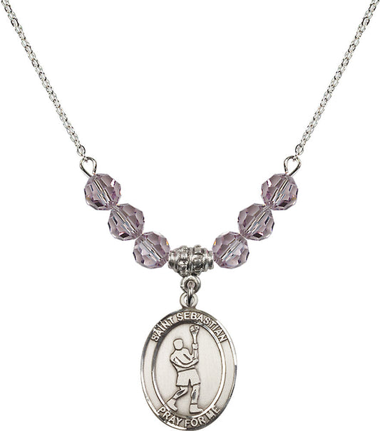 Sterling Silver Saint Sebastian/Lacrosse Birthstone Necklace with Light Amethyst Beads - 8174