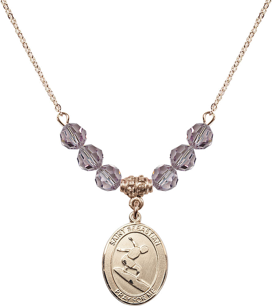 14kt Gold Filled Saint Sebastian/Surfing Birthstone Necklace with Light Amethyst Beads - 8175