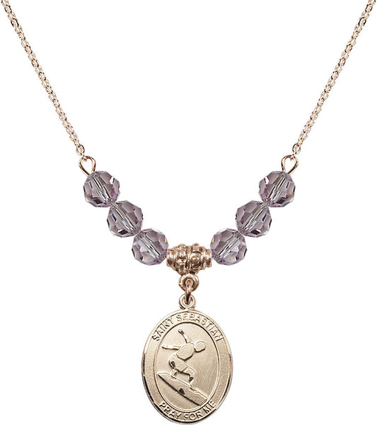 14kt Gold Filled Saint Sebastian/Surfing Birthstone Necklace with Light Amethyst Beads - 8175