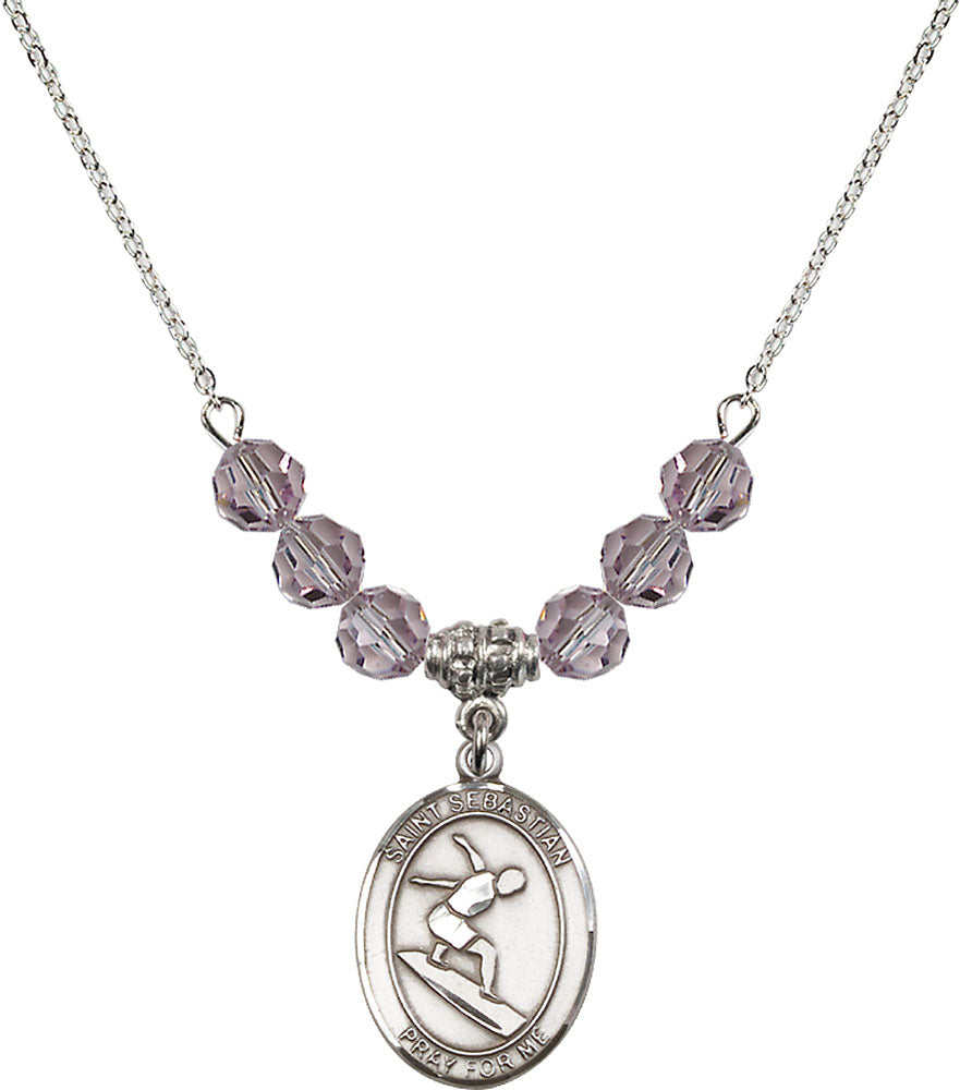 Sterling Silver Saint Sebastian/Surfing Birthstone Necklace with Light Amethyst Beads - 8175