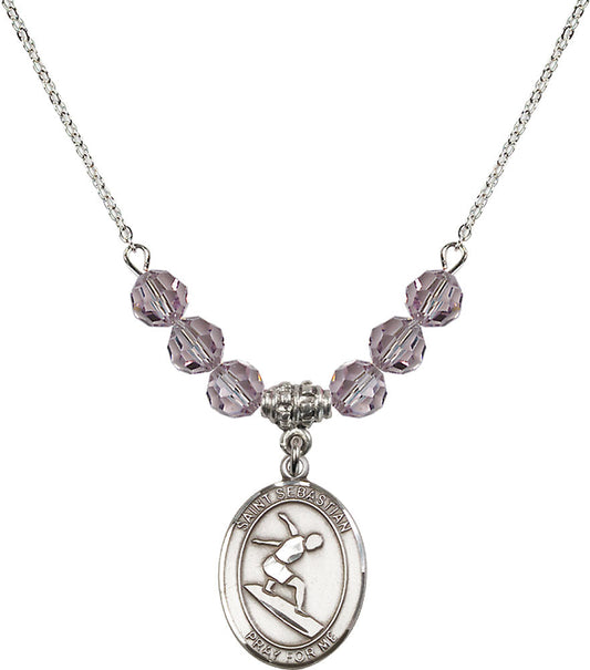 Sterling Silver Saint Sebastian/Surfing Birthstone Necklace with Light Amethyst Beads - 8175