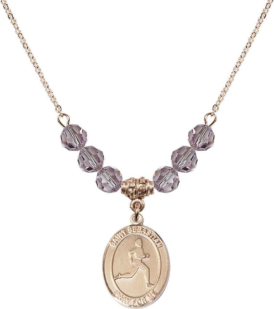 14kt Gold Filled Saint Sebastian/Track & Field Birthstone Necklace with Light Amethyst Beads - 8176