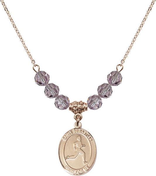 14kt Gold Filled Saint Sebastian/Track & Field Birthstone Necklace with Light Amethyst Beads - 8176