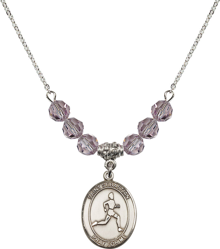 Sterling Silver Saint Sebastian/Track & Field Birthstone Necklace with Light Amethyst Beads - 8176