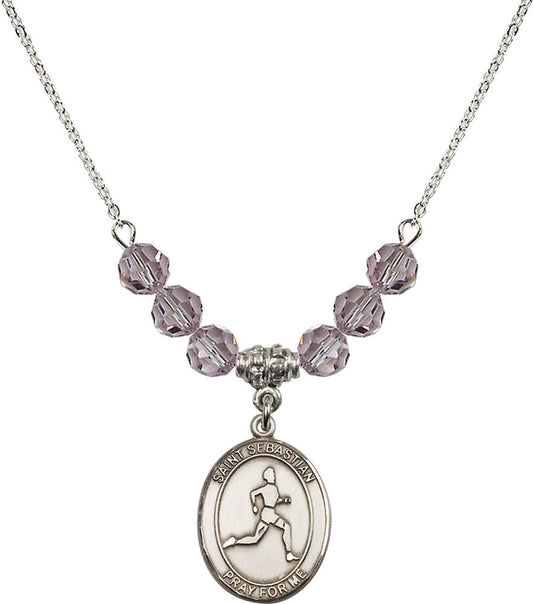 Sterling Silver Saint Sebastian/Track & Field Birthstone Necklace with Light Amethyst Beads - 8176