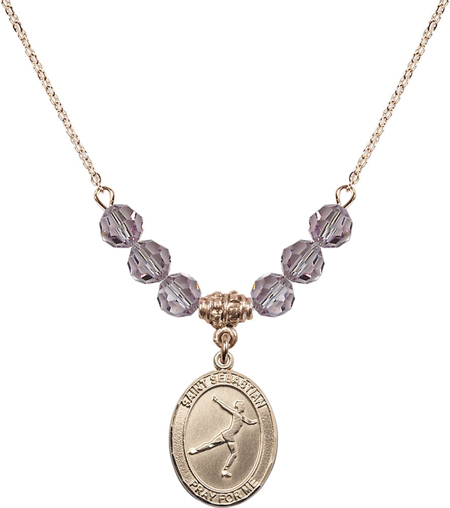 14kt Gold Filled Saint Sebastian/Figure Skating Birthstone Necklace with Light Amethyst Beads - 8177