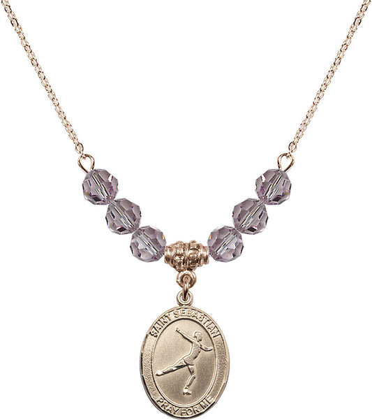 14kt Gold Filled Saint Sebastian/Figure Skating Birthstone Necklace with Light Amethyst Beads - 8177