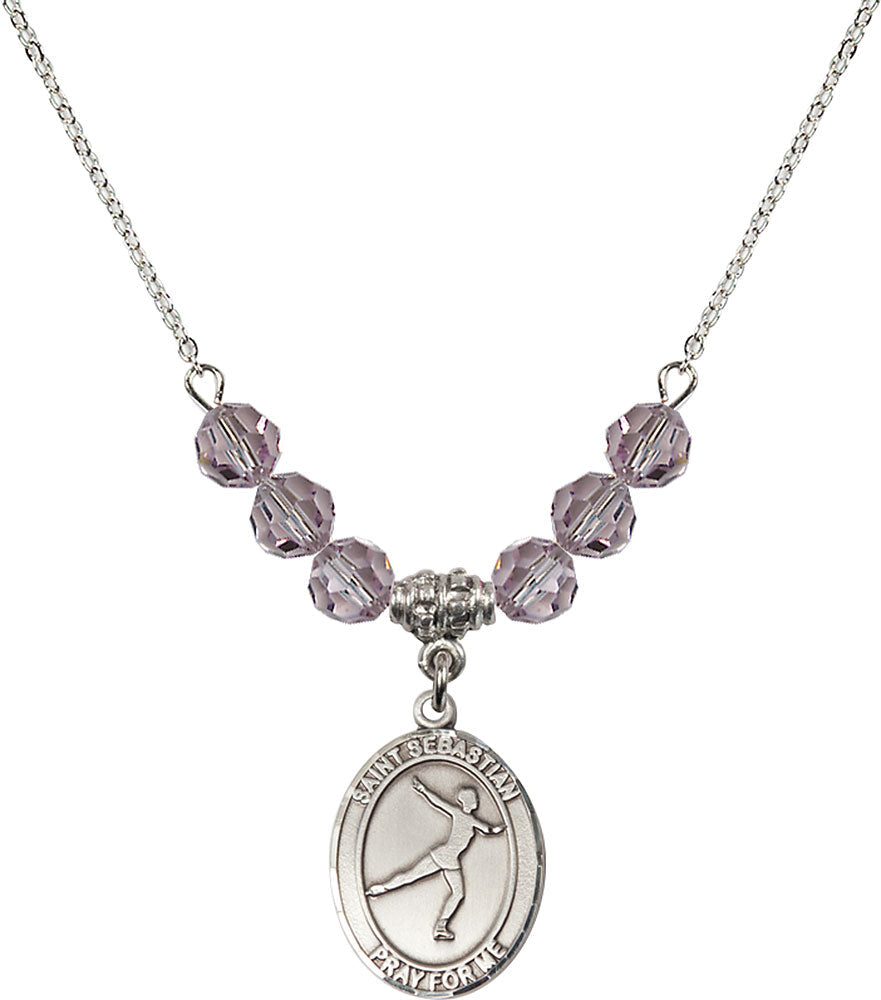 Sterling Silver Saint Sebastian/Figure Skating Birthstone Necklace with Light Amethyst Beads - 8177