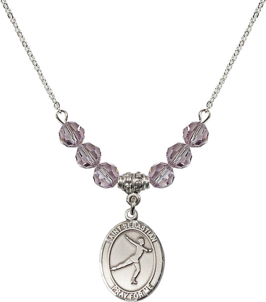 Sterling Silver Saint Sebastian/Figure Skating Birthstone Necklace with Light Amethyst Beads - 8177