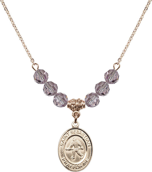 14kt Gold Filled Saint Sebastian/Field Hockey Birthstone Necklace with Light Amethyst Beads - 8178