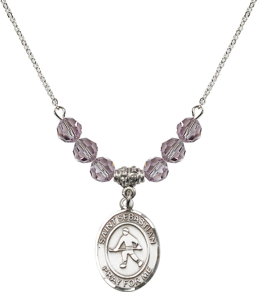 Sterling Silver Saint Sebastian/Field Hockey Birthstone Necklace with Light Amethyst Beads - 8178