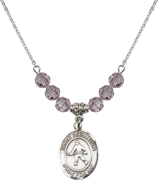 Sterling Silver Saint Sebastian/Field Hockey Birthstone Necklace with Light Amethyst Beads - 8178