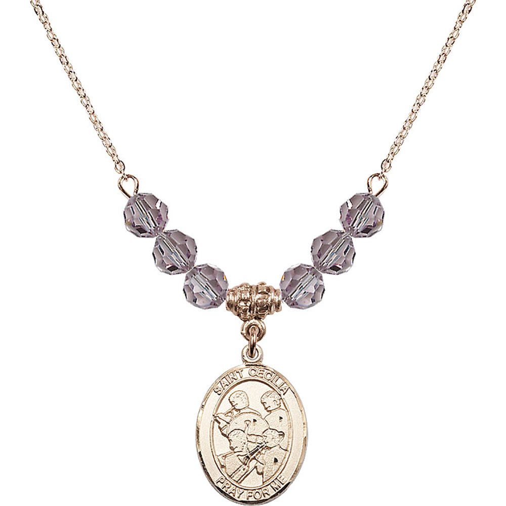 14kt Gold Filled Saint Cecilia / Marching Band Birthstone Necklace with Light Amethyst Beads - 8179