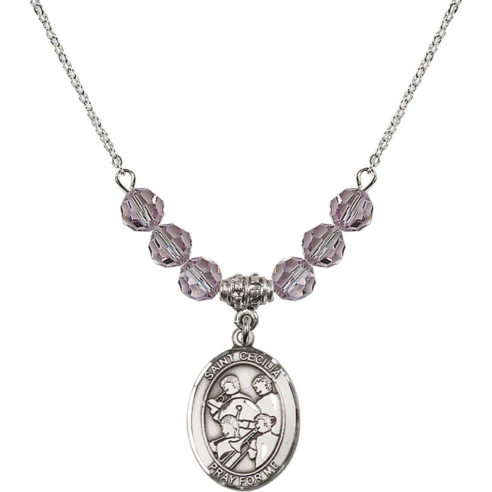 Sterling Silver Saint Cecilia / Marching Band Birthstone Necklace with Light Amethyst Beads - 8179
