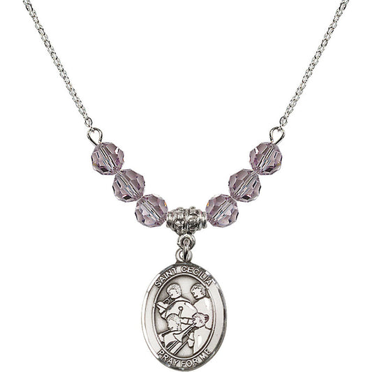 Sterling Silver Saint Cecilia / Marching Band Birthstone Necklace with Light Amethyst Beads - 8179