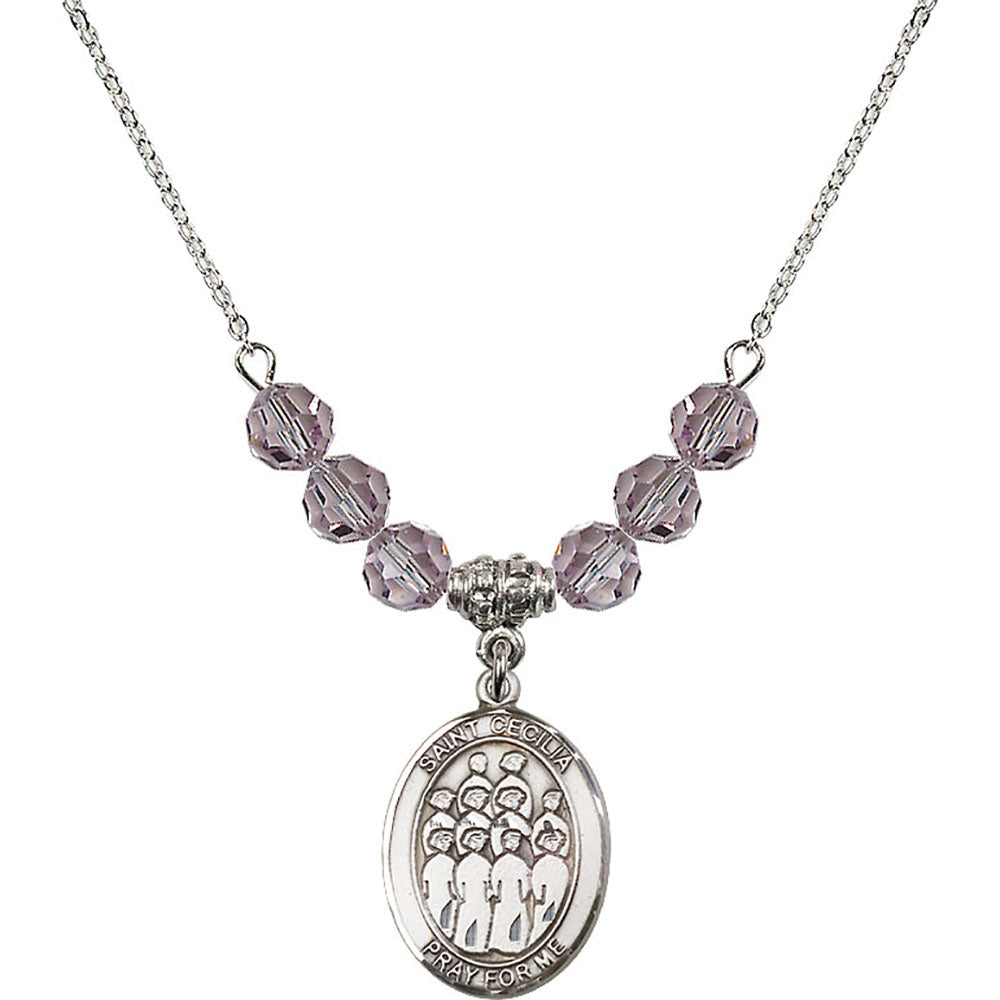 Sterling Silver Saint Cecilia / Choir Birthstone Necklace with Light Amethyst Beads - 8180