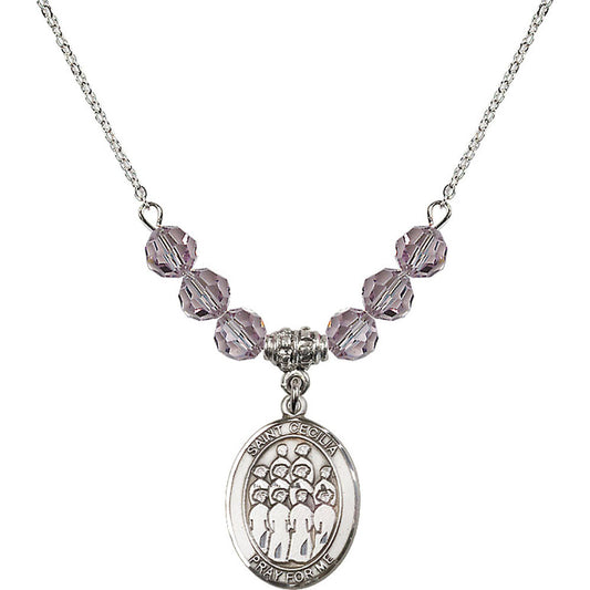 Sterling Silver Saint Cecilia / Choir Birthstone Necklace with Light Amethyst Beads - 8180