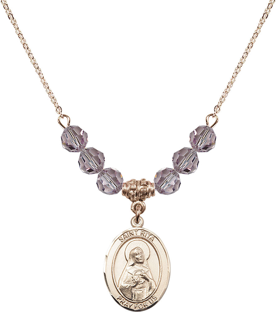 14kt Gold Filled Saint Rita / Baseball Birthstone Necklace with Light Amethyst Beads - 8181