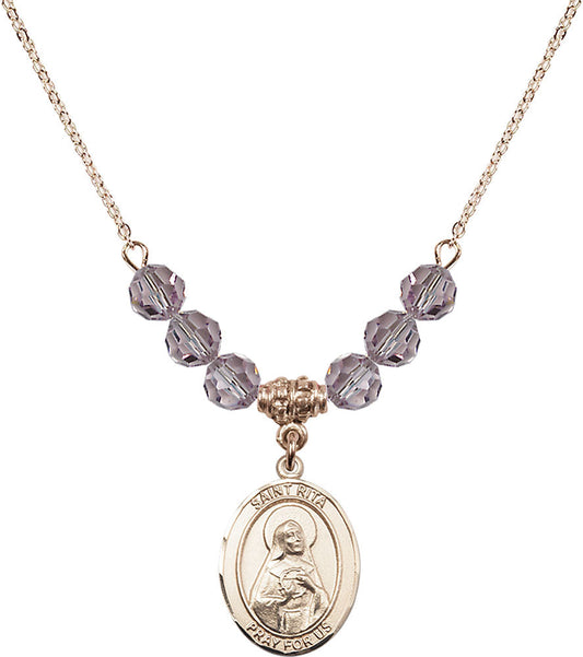 14kt Gold Filled Saint Rita / Baseball Birthstone Necklace with Light Amethyst Beads - 8181