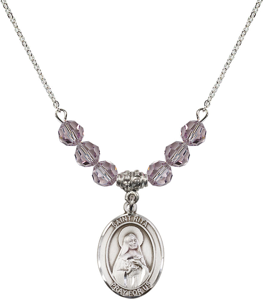 Sterling Silver Saint Rita / Baseball Birthstone Necklace with Light Amethyst Beads - 8181