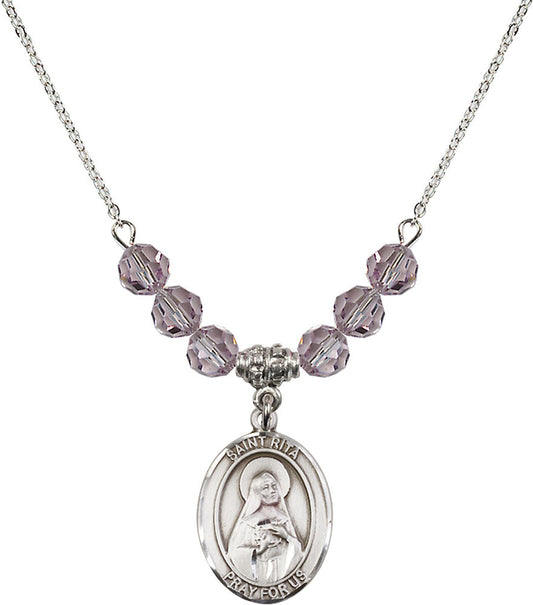 Sterling Silver Saint Rita / Baseball Birthstone Necklace with Light Amethyst Beads - 8181