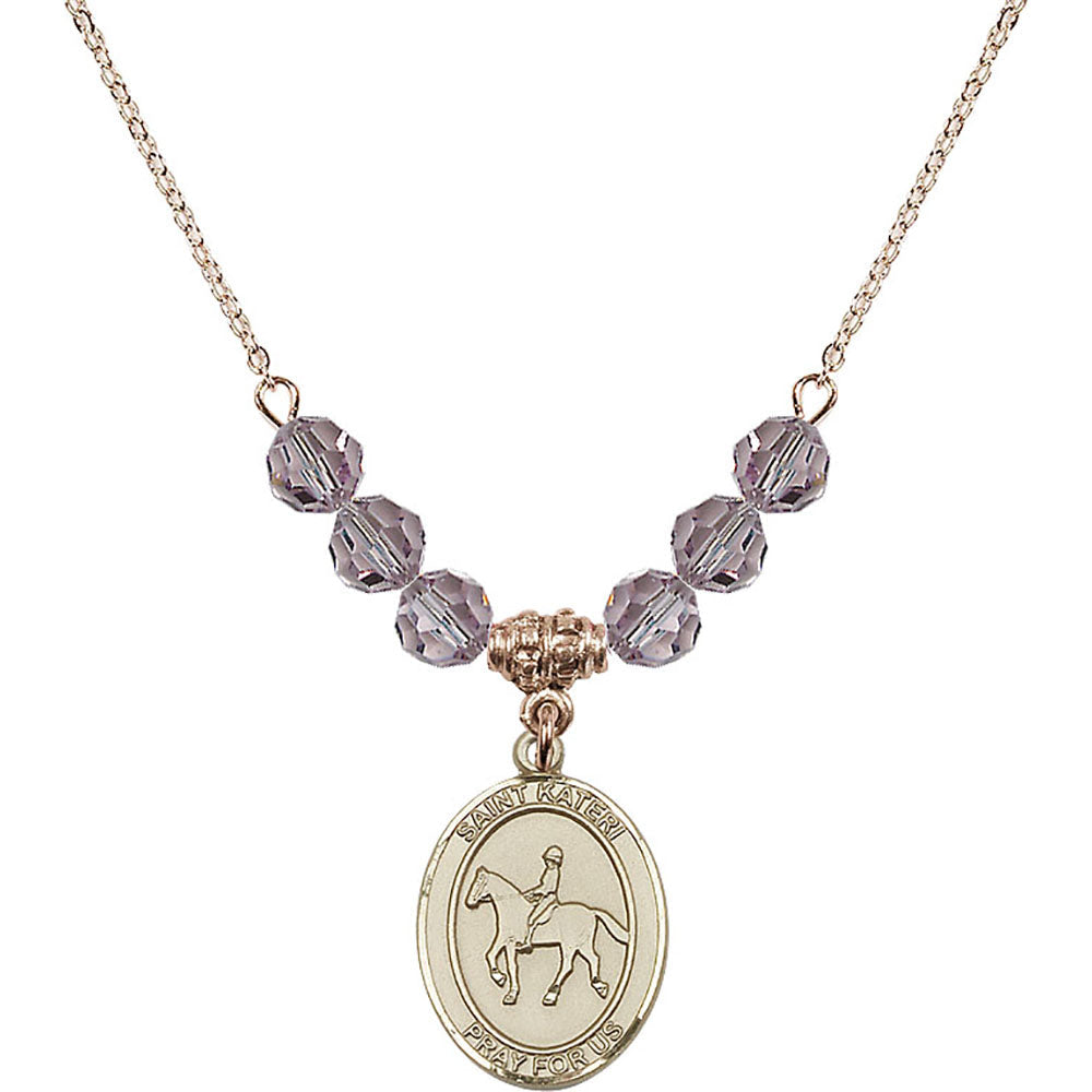 14kt Gold Filled Saint Kateri/Equestrian Birthstone Necklace with Light Amethyst Beads - 8182