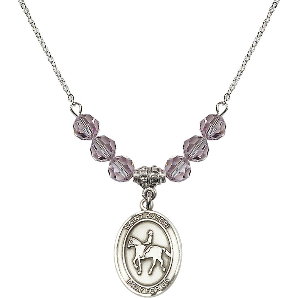 Sterling Silver Saint Kateri/Equestrian Birthstone Necklace with Light Amethyst Beads - 8182