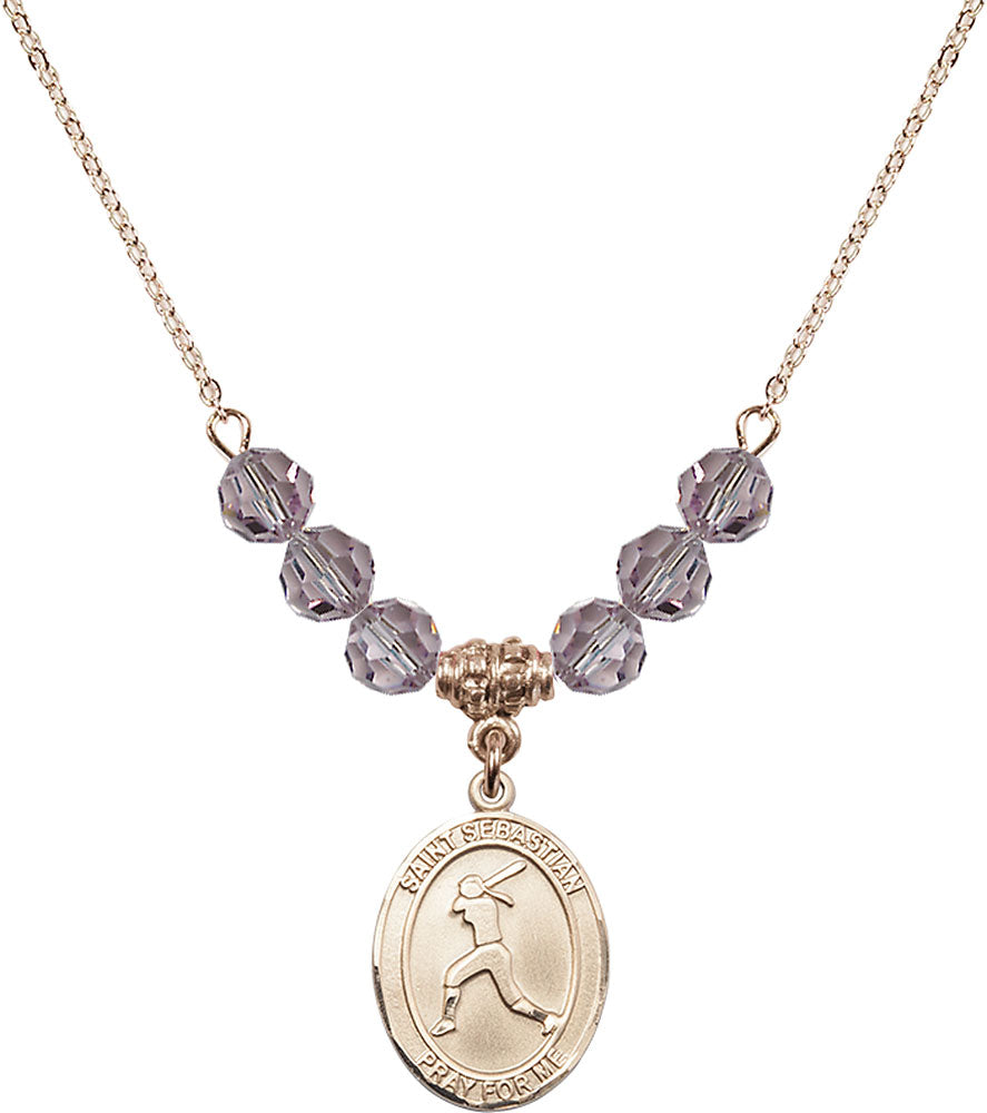 14kt Gold Filled Saint Sebastian / Softball Birthstone Necklace with Light Amethyst Beads - 8183