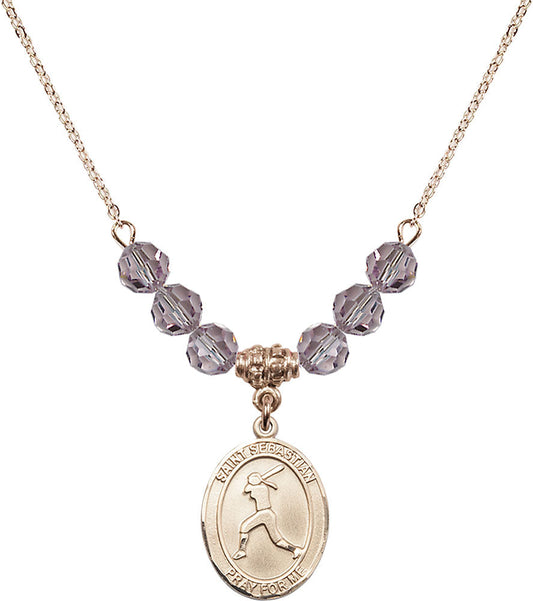 14kt Gold Filled Saint Sebastian / Softball Birthstone Necklace with Light Amethyst Beads - 8183
