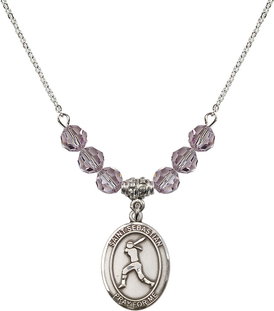 Sterling Silver Saint Sebastian / Softball Birthstone Necklace with Light Amethyst Beads - 8183