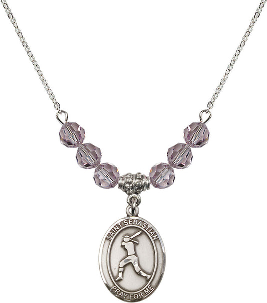 Sterling Silver Saint Sebastian / Softball Birthstone Necklace with Light Amethyst Beads - 8183