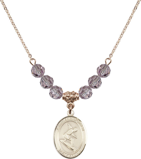 14kt Gold Filled Saint Christopher/Surfing Birthstone Necklace with Light Amethyst Beads - 8184