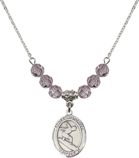 Sterling Silver Saint Christopher/Surfing Birthstone Necklace with Light Amethyst Beads - 8184