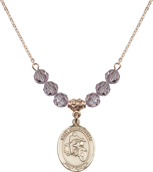 14kt Gold Filled Saint Christopher/Motorcycle Birthstone Necklace with Light Amethyst Beads - 8185