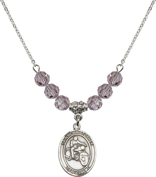 Sterling Silver Saint Christopher/Motorcycle Birthstone Necklace with Light Amethyst Beads - 8185