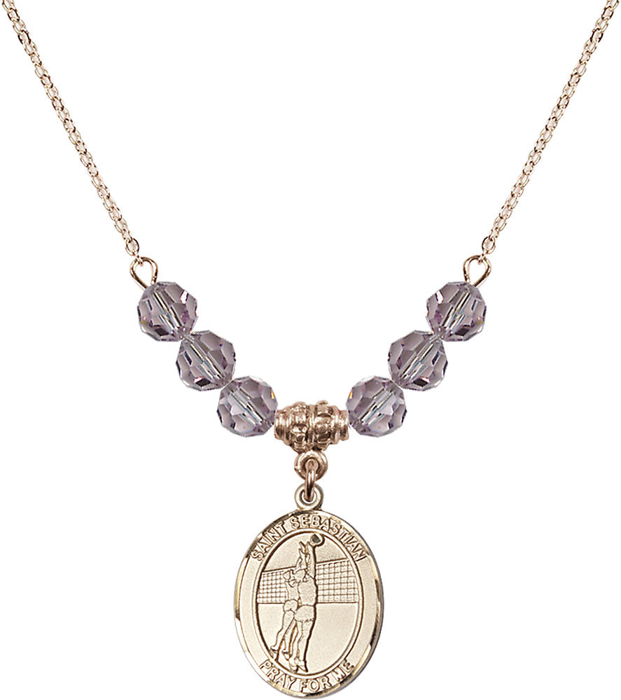 14kt Gold Filled Saint Sebastian / Volleyball Birthstone Necklace with Light Amethyst Beads - 8186