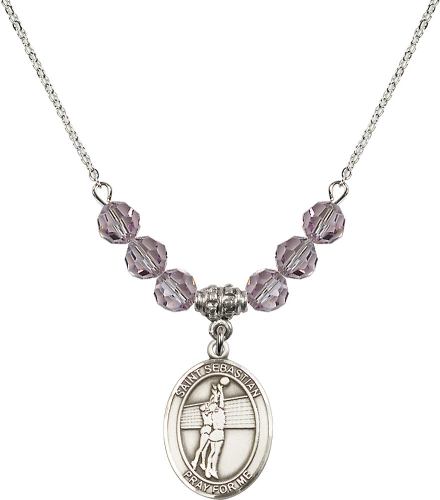 Sterling Silver Saint Sebastian / Volleyball Birthstone Necklace with Light Amethyst Beads - 8186
