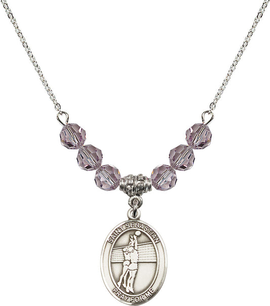 Sterling Silver Saint Sebastian / Volleyball Birthstone Necklace with Light Amethyst Beads - 8186