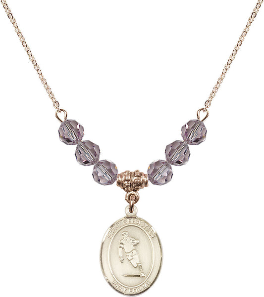 14kt Gold Filled Saint Sebastian / Rugby Birthstone Necklace with Light Amethyst Beads - 8187