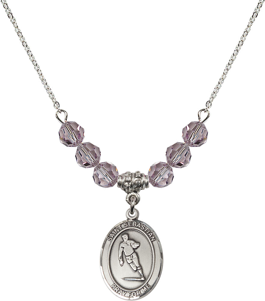 Sterling Silver Saint Sebastian / Rugby Birthstone Necklace with Light Amethyst Beads - 8187