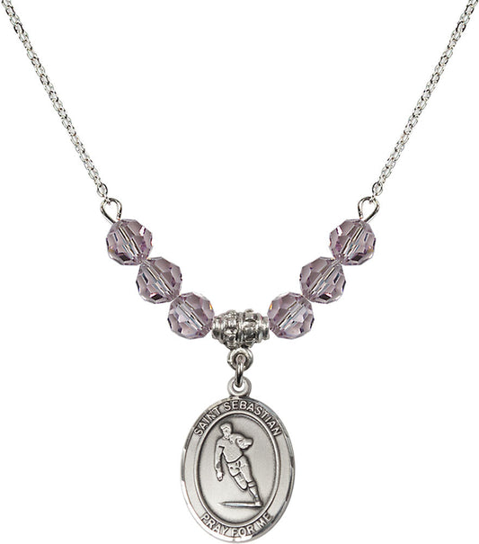 Sterling Silver Saint Sebastian / Rugby Birthstone Necklace with Light Amethyst Beads - 8187