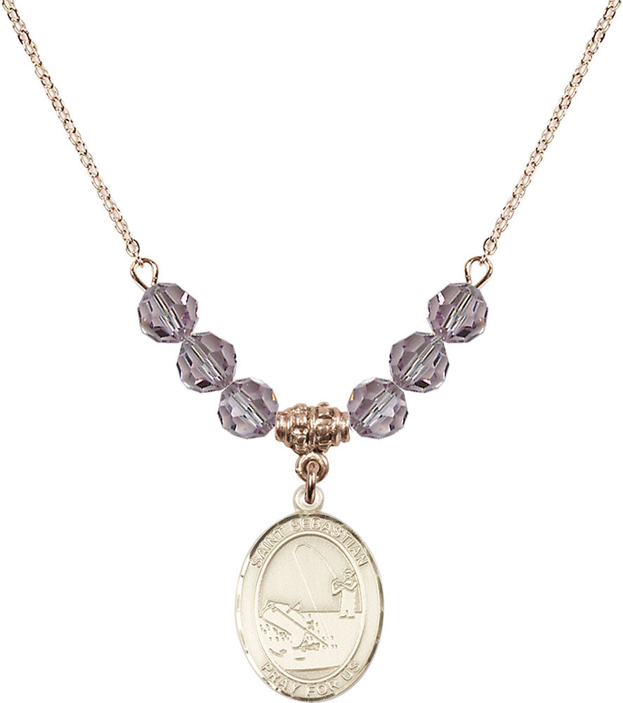 14kt Gold Filled Saint Sebastian / Fishing Birthstone Necklace with Light Amethyst Beads - 8188