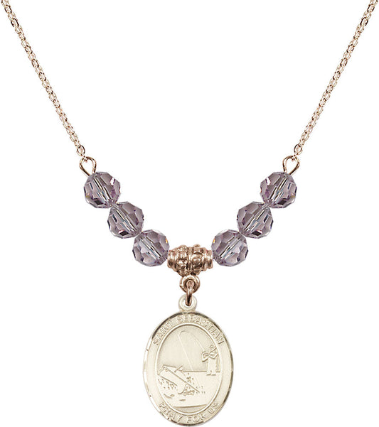 14kt Gold Filled Saint Sebastian / Fishing Birthstone Necklace with Light Amethyst Beads - 8188
