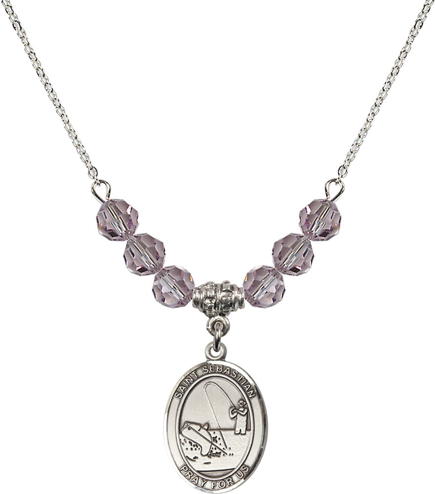 Sterling Silver Saint Sebastian / Fishing Birthstone Necklace with Light Amethyst Beads - 8188