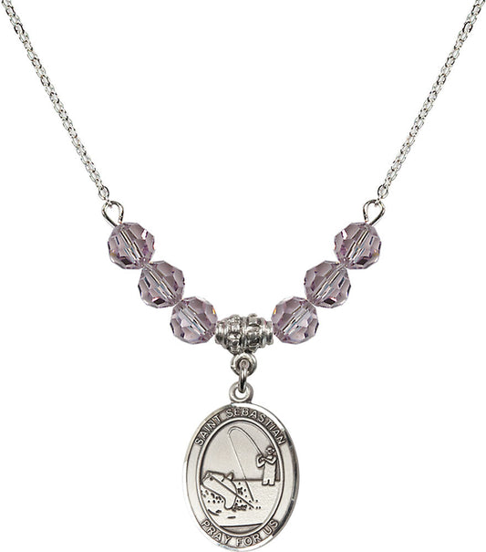 Sterling Silver Saint Sebastian / Fishing Birthstone Necklace with Light Amethyst Beads - 8188