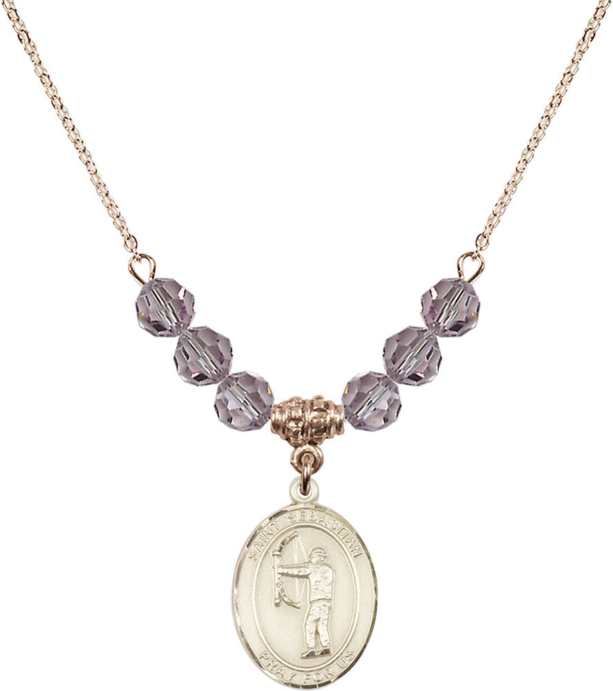 14kt Gold Filled Saint Sebastian / Archery Birthstone Necklace with Light Amethyst Beads - 8189