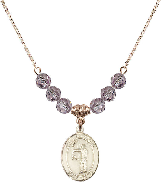 14kt Gold Filled Saint Sebastian / Archery Birthstone Necklace with Light Amethyst Beads - 8189