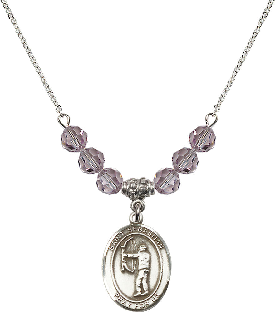 Sterling Silver Saint Sebastian / Archery Birthstone Necklace with Light Amethyst Beads - 8189